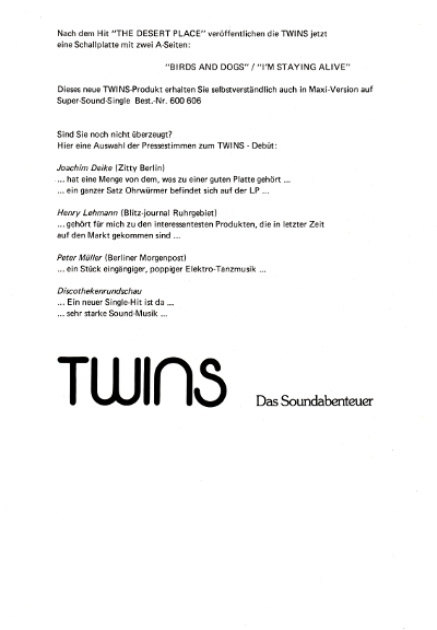 The Twins (12" Maxi Single) Birds And Dogs - Promo